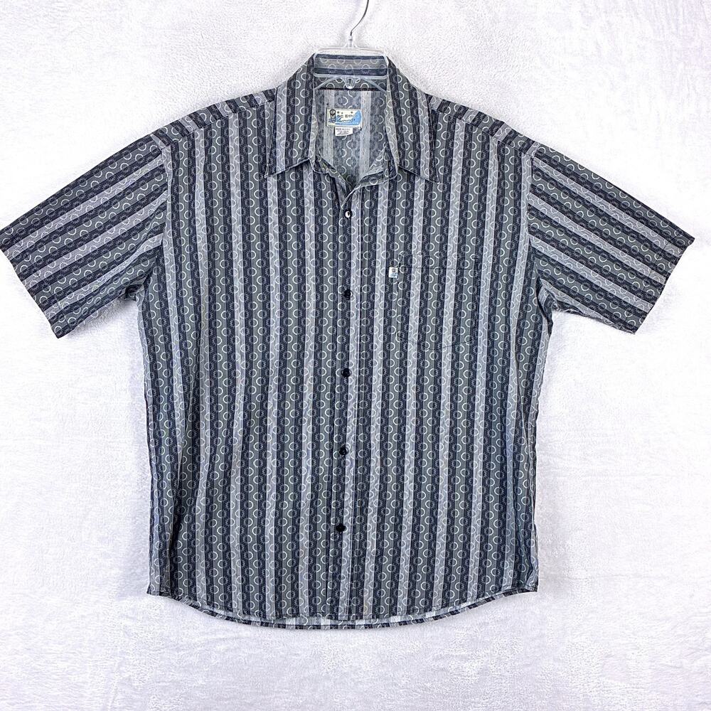 VTG BC Ethic Lounge Shirt Mens L Black Gray Stripe Camp Swingers Tiki Aloha USA